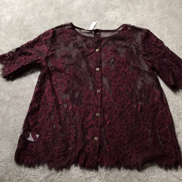 NWOT Sheer, Lace Maroon Top - Picture 5 of 6